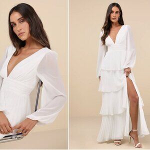 LULU's Sexy Elegant Bridal Wedding Romantic Flowy Boho Chiffon Long Sleeve Dress